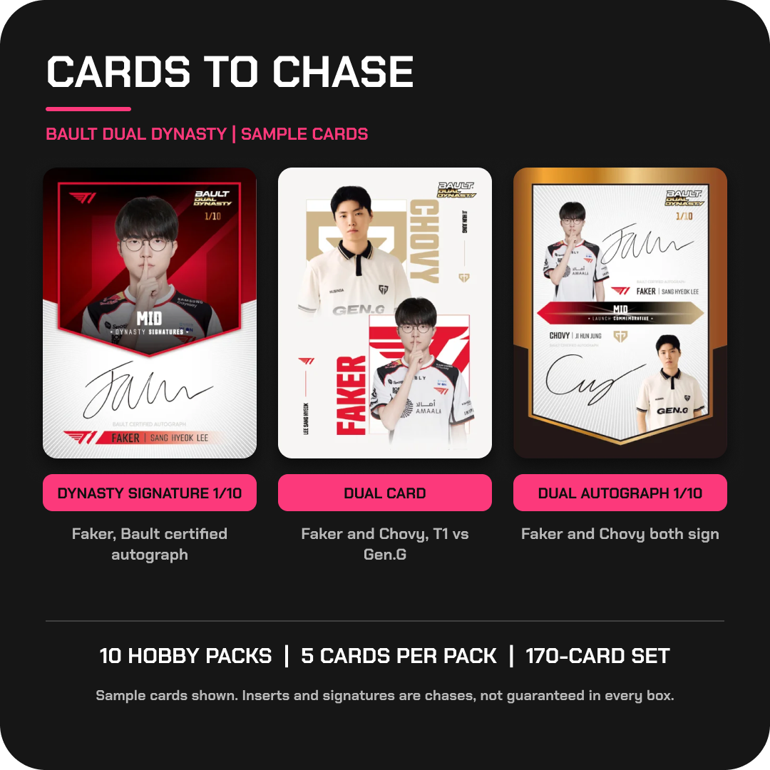Bault Dual Dynasty sample cards: Faker Dynasty Signature 1/10, Faker and Chovy dual card, dual autograph 1/10